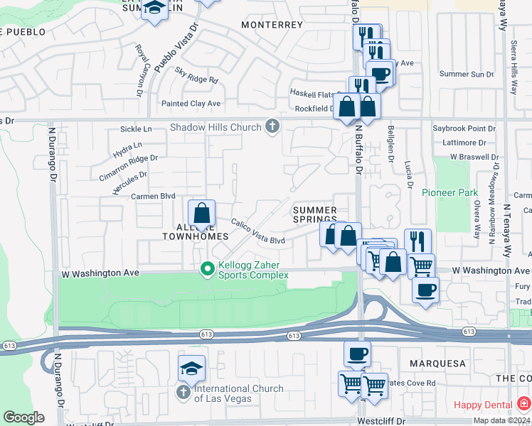 map of restaurants, bars, coffee shops, grocery stores, and more near 1105 Sulphur Springs Lane in Las Vegas