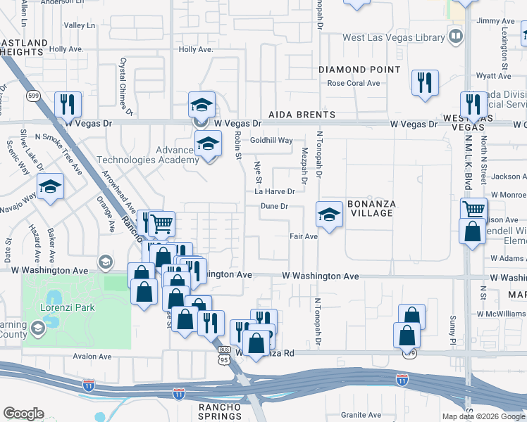 map of restaurants, bars, coffee shops, grocery stores, and more near 2229 Dune Drive in Las Vegas