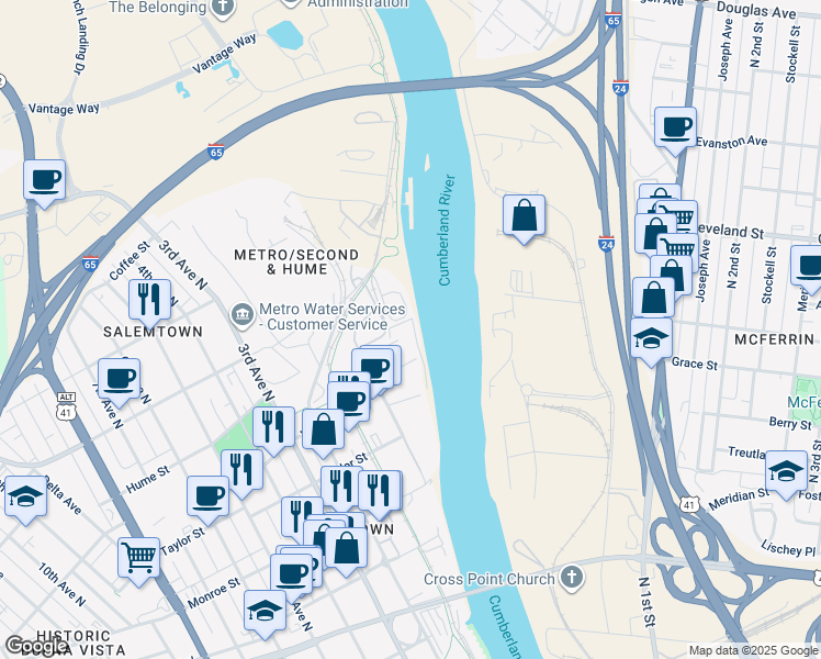 map of restaurants, bars, coffee shops, grocery stores, and more near 1420 Adams Street in Nashville