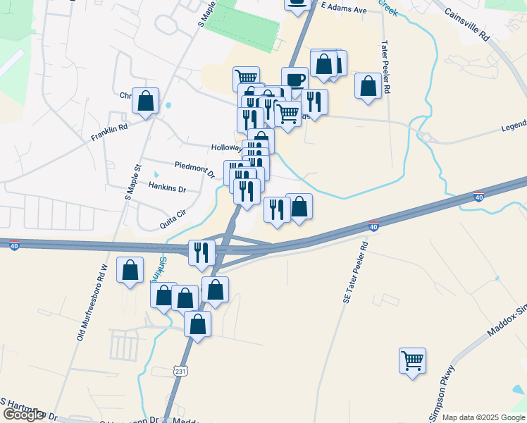 map of restaurants, bars, coffee shops, grocery stores, and more near 1000 Cumberland Center Boulevard in Lebanon