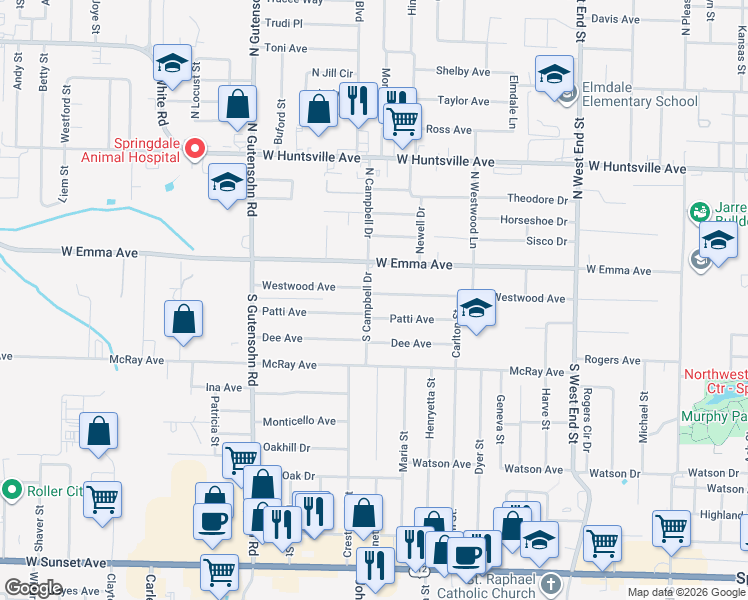 map of restaurants, bars, coffee shops, grocery stores, and more near 1913 Westwood Avenue in Springdale
