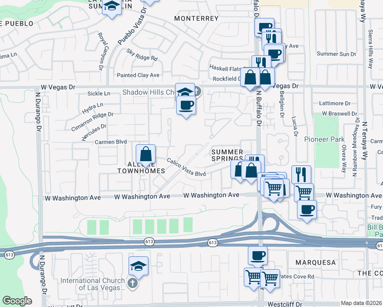 map of restaurants, bars, coffee shops, grocery stores, and more near 1104 Falconhead Lane in Las Vegas