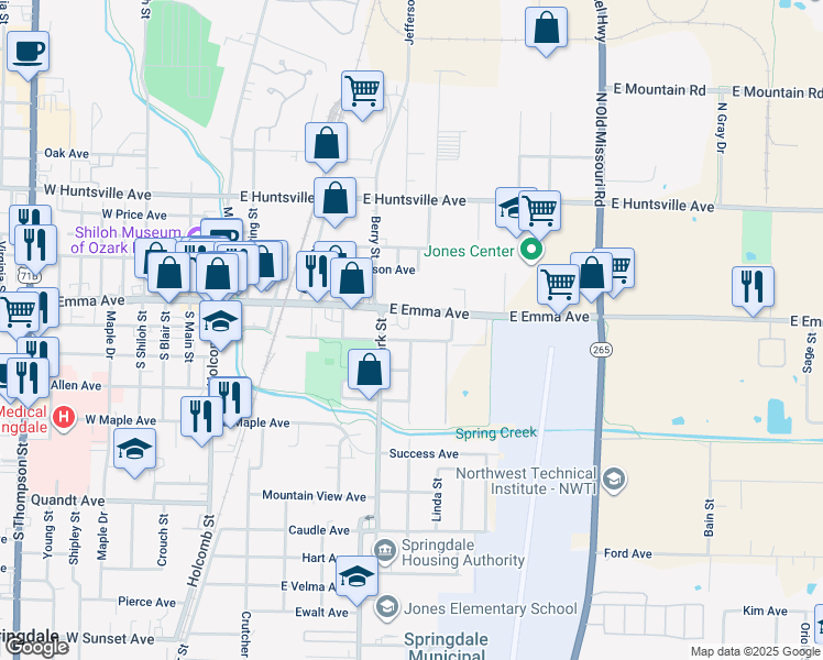 map of restaurants, bars, coffee shops, grocery stores, and more near 627 East Emma Avenue in Springdale