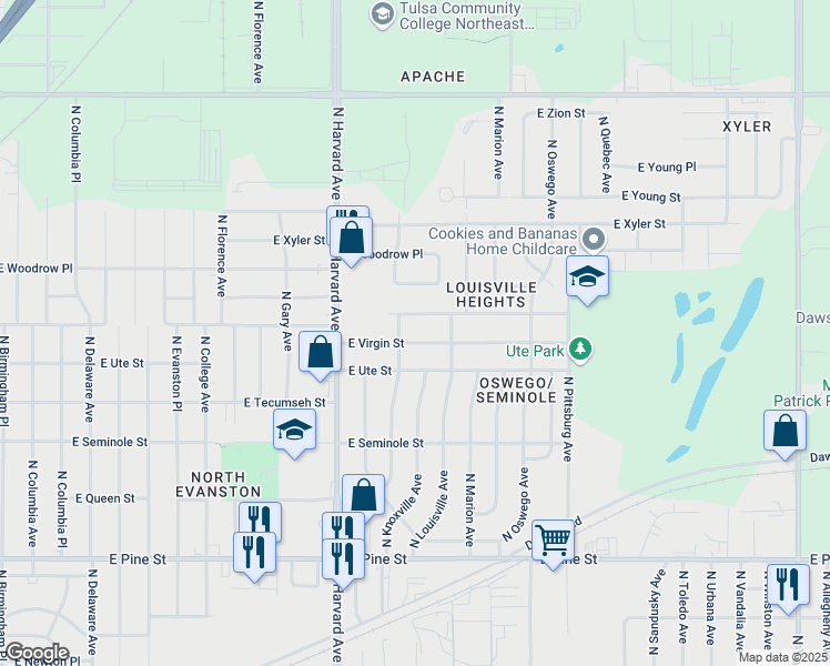 map of restaurants, bars, coffee shops, grocery stores, and more near 3522 East Virgin Place in Tulsa