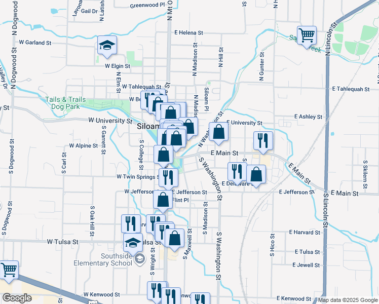 map of restaurants, bars, coffee shops, grocery stores, and more near 305 E Main Street Siloam Springs in Siloam Springs