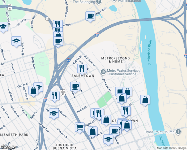 map of restaurants, bars, coffee shops, grocery stores, and more near 1720B 4th Avenue North in Nashville