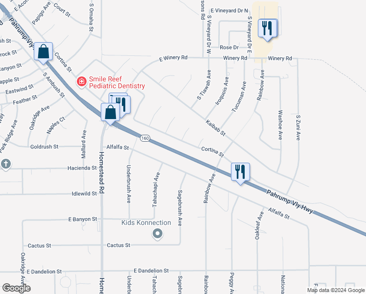 map of restaurants, bars, coffee shops, grocery stores, and more near 3401 Cortina Street in Pahrump