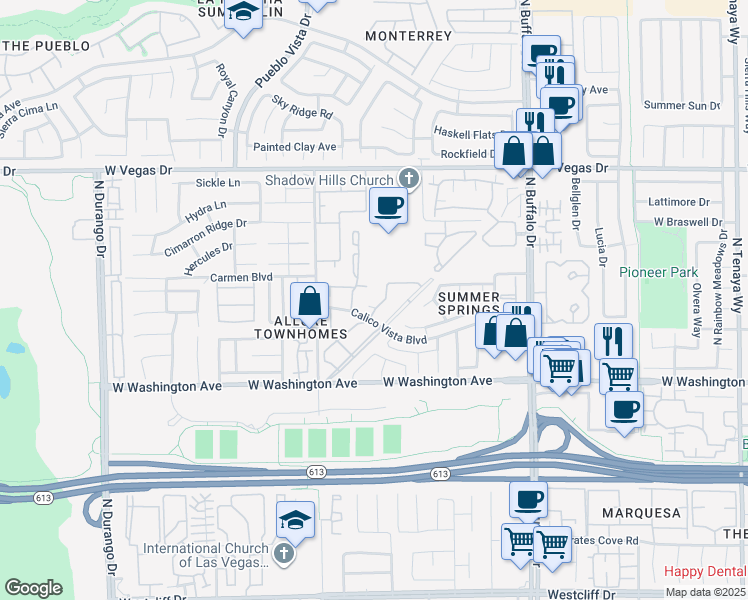 map of restaurants, bars, coffee shops, grocery stores, and more near 1013 Falconhead Lane in Las Vegas