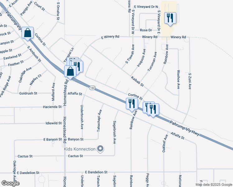 map of restaurants, bars, coffee shops, grocery stores, and more near 3401 Cortina Street in Pahrump