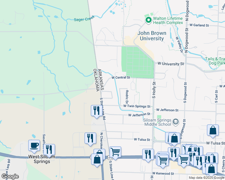 map of restaurants, bars, coffee shops, grocery stores, and more near 2203 West Alpine Circle in Siloam Springs