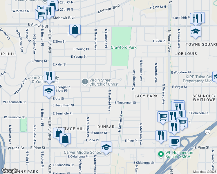 map of restaurants, bars, coffee shops, grocery stores, and more near 650 East Virgin Street in Tulsa