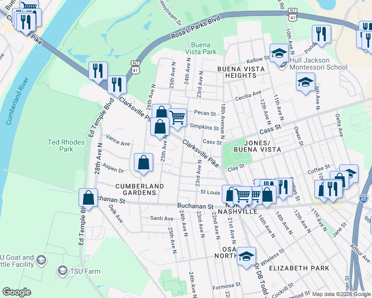 map of restaurants, bars, coffee shops, grocery stores, and more near 2022 24th Avenue North in Nashville