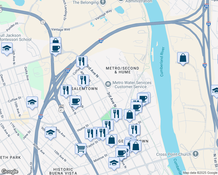map of restaurants, bars, coffee shops, grocery stores, and more near 1700 3rd Avenue North in Nashville
