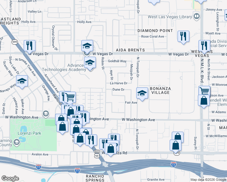map of restaurants, bars, coffee shops, grocery stores, and more near 2229 Dune Drive in Las Vegas
