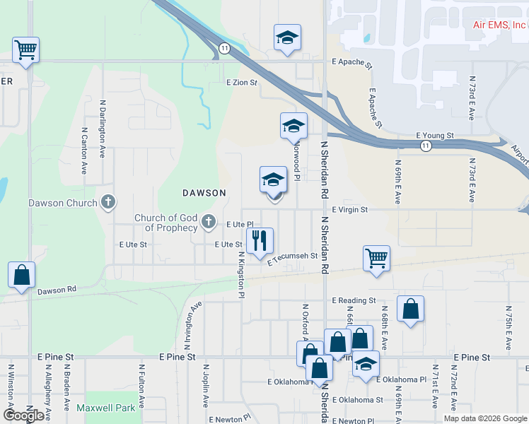 map of restaurants, bars, coffee shops, grocery stores, and more near 6047 East Virgin Street in Tulsa