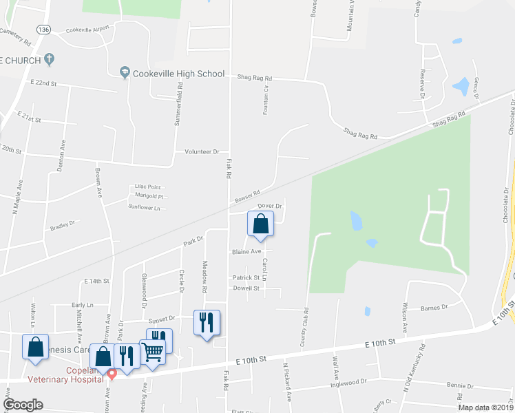map of restaurants, bars, coffee shops, grocery stores, and more near 1135 Dover Drive in Cookeville