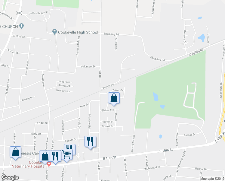 map of restaurants, bars, coffee shops, grocery stores, and more near Dover Drive in Cookeville