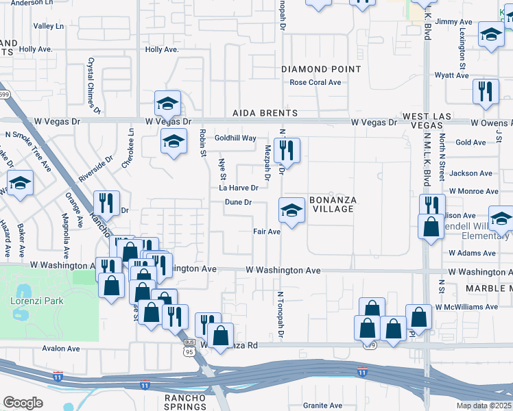 map of restaurants, bars, coffee shops, grocery stores, and more near 2116 Dune Drive in Las Vegas