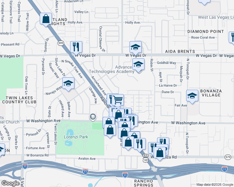 map of restaurants, bars, coffee shops, grocery stores, and more near 1104 Tamerack Avenue in Las Vegas