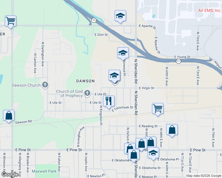 map of restaurants, bars, coffee shops, grocery stores, and more near 6047 East Virgin Street in Tulsa