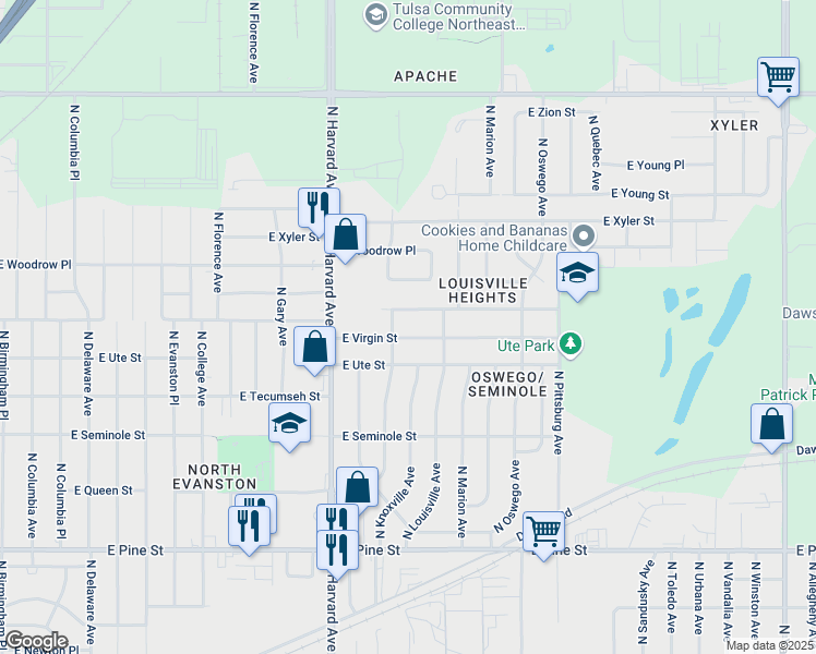 map of restaurants, bars, coffee shops, grocery stores, and more near 3522 East Virgin Place in Tulsa