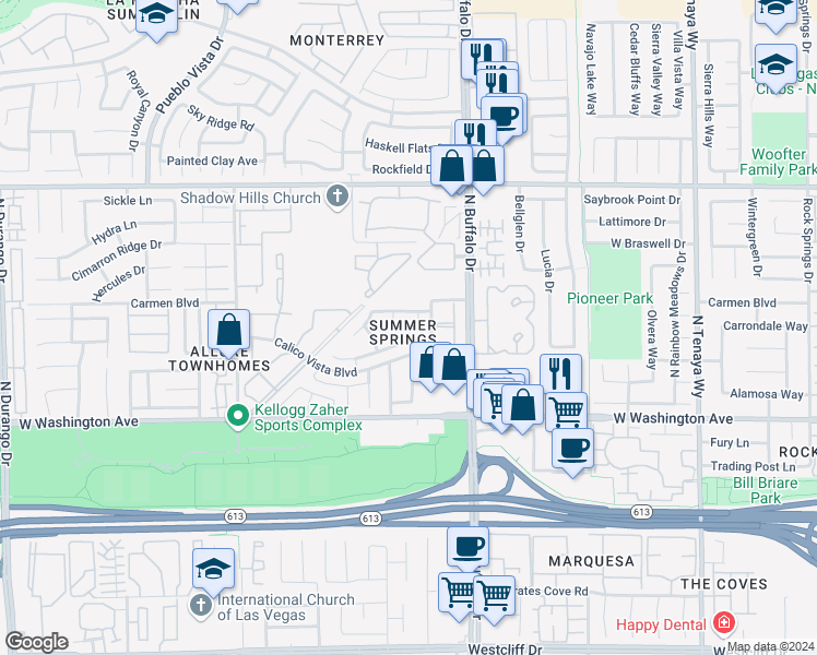 map of restaurants, bars, coffee shops, grocery stores, and more near 1109 Mineral Springs Court in Las Vegas