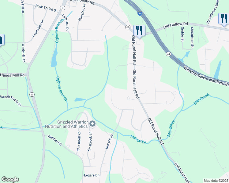 map of restaurants, bars, coffee shops, grocery stores, and more near 5881 Brookway Drive in Winston-Salem