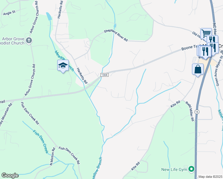 map of restaurants, bars, coffee shops, grocery stores, and more near 410 Grace Lane in Millers Creek