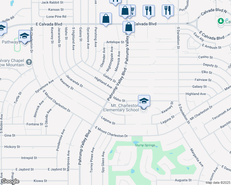 map of restaurants, bars, coffee shops, grocery stores, and more near 1301 Highland Avenue in Pahrump