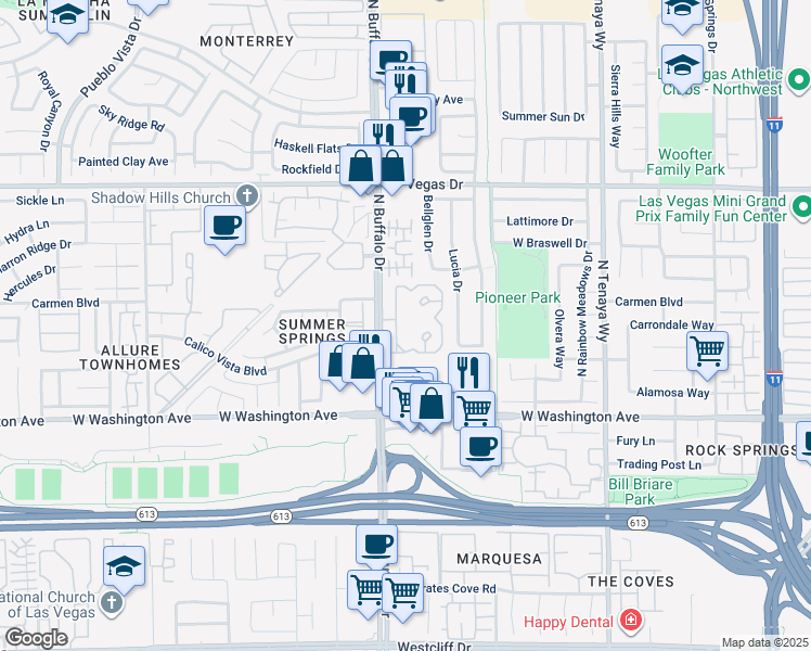 map of restaurants, bars, coffee shops, grocery stores, and more near 1150 North Buffalo Drive in Las Vegas