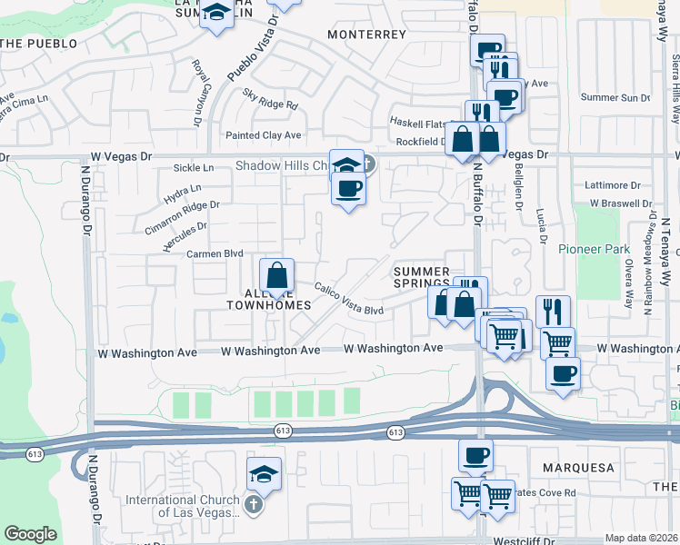 map of restaurants, bars, coffee shops, grocery stores, and more near 1017 Falconhead Lane in Las Vegas