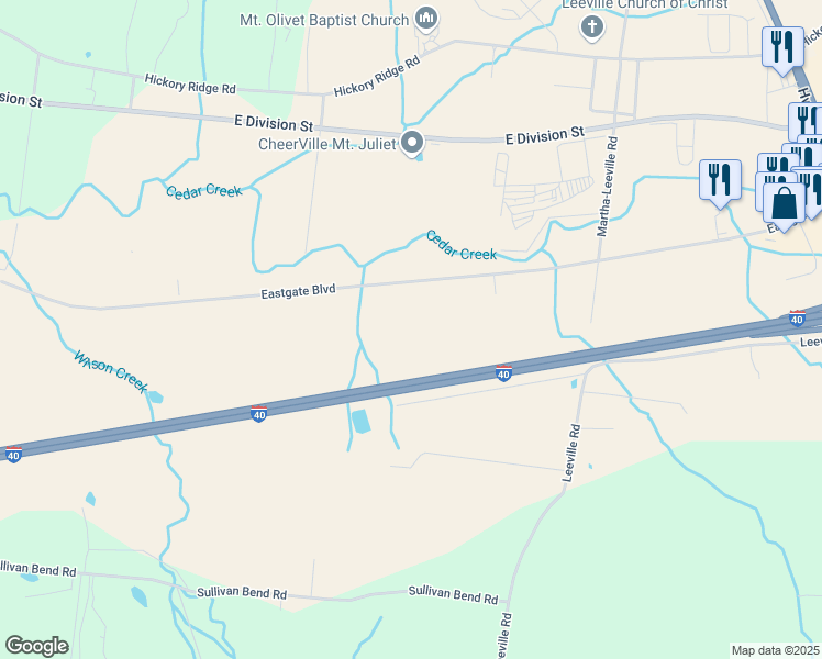 map of restaurants, bars, coffee shops, grocery stores, and more near 7500 Eastgate Boulevard in Mt. Juliet