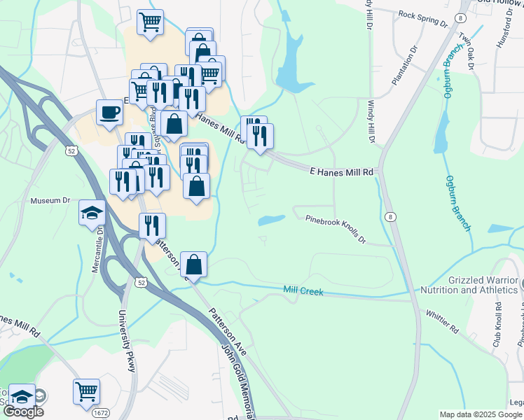 map of restaurants, bars, coffee shops, grocery stores, and more near 924 Windcastle Lane in Winston-Salem