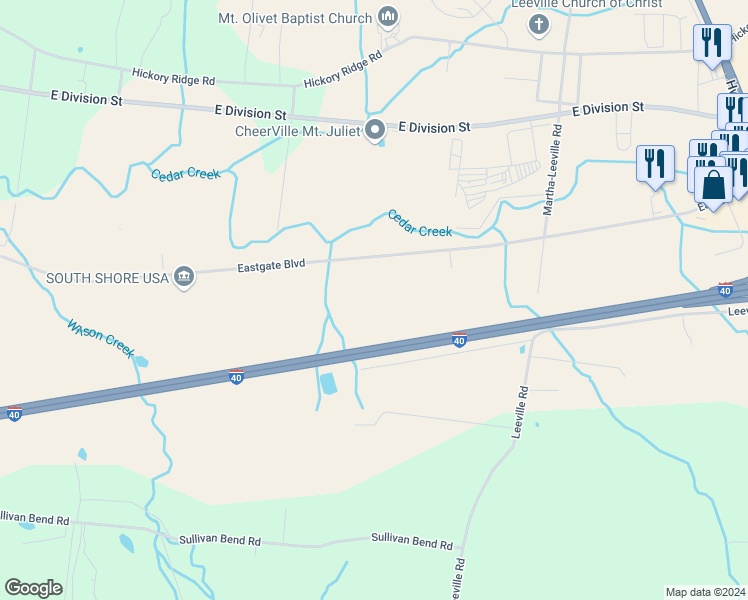 map of restaurants, bars, coffee shops, grocery stores, and more near 7500 Eastgate Boulevard in Mt. Juliet