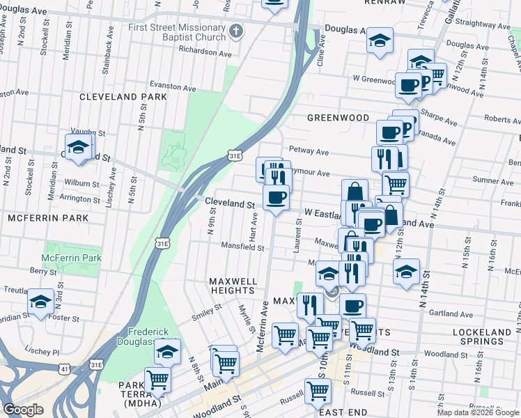 map of restaurants, bars, coffee shops, grocery stores, and more near 831 Cleveland Street in Nashville