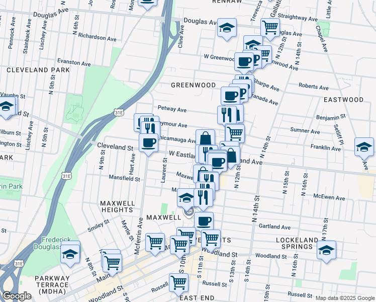 map of restaurants, bars, coffee shops, grocery stores, and more near 1021 West Eastland Avenue in Nashville