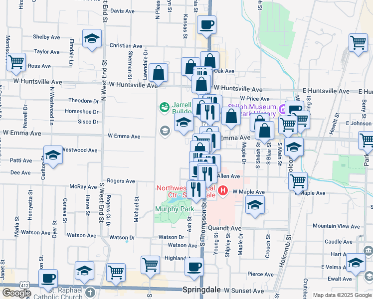 map of restaurants, bars, coffee shops, grocery stores, and more near 1103 West Emma Avenue in Springdale