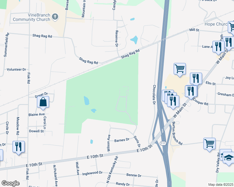 map of restaurants, bars, coffee shops, grocery stores, and more near 1630 Country Club Place in Cookeville