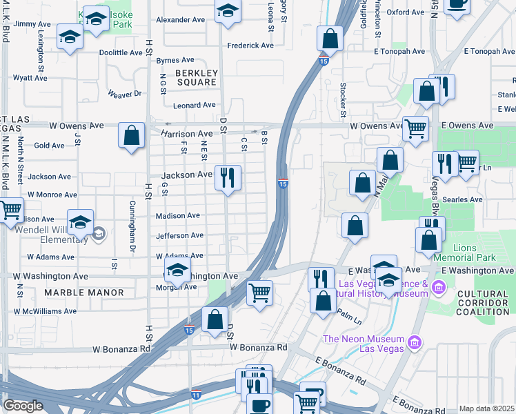 map of restaurants, bars, coffee shops, grocery stores, and more near 1200 B Street in Las Vegas