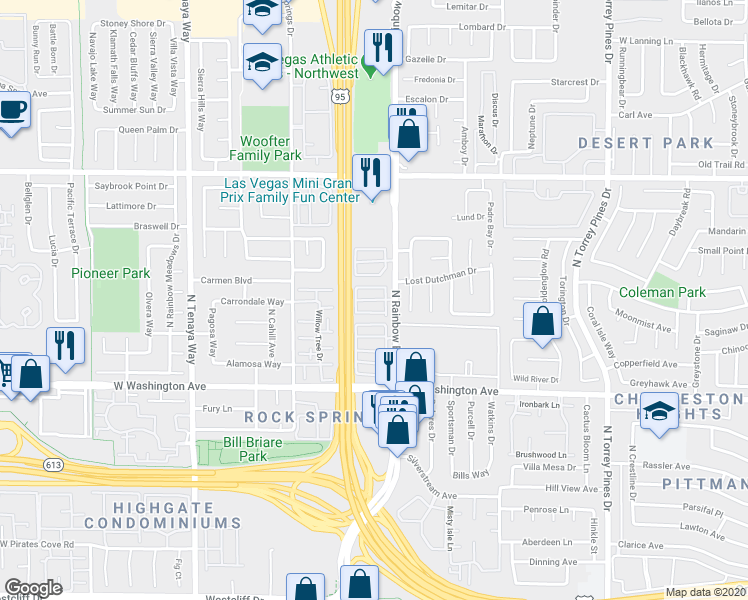 map of restaurants, bars, coffee shops, grocery stores, and more near 1201 North Rainbow Boulevard in Las Vegas