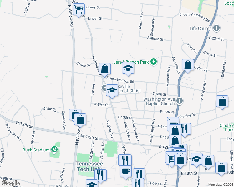 map of restaurants, bars, coffee shops, grocery stores, and more near 22 B East 18th Street in Cookeville