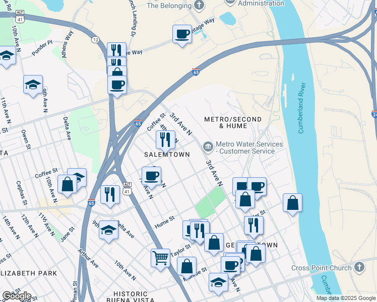 map of restaurants, bars, coffee shops, grocery stores, and more near 303 Buchanan Street in Nashville