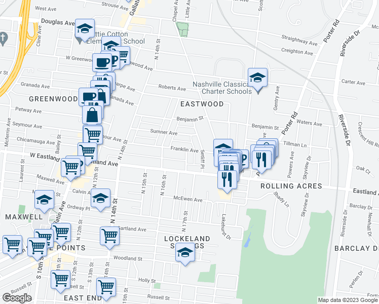 map of restaurants, bars, coffee shops, grocery stores, and more near 717 Benson Street in Nashville