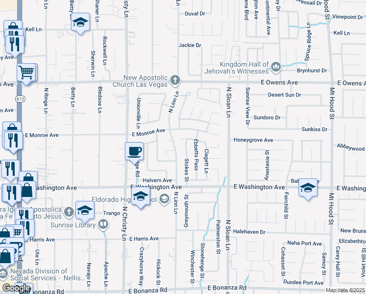 map of restaurants, bars, coffee shops, grocery stores, and more near 1345 Stokes Street in Las Vegas