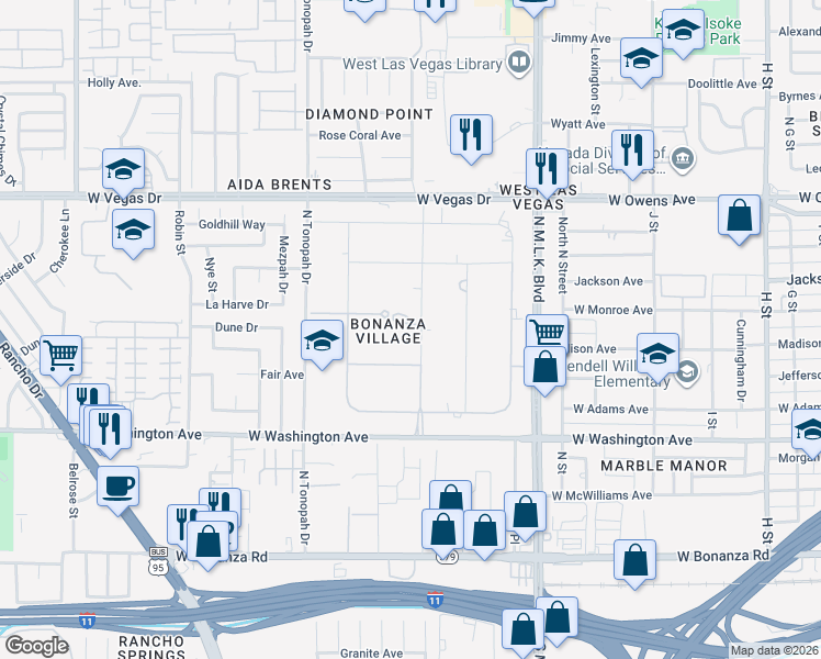 map of restaurants, bars, coffee shops, grocery stores, and more near 1233 Comstock Drive in Las Vegas