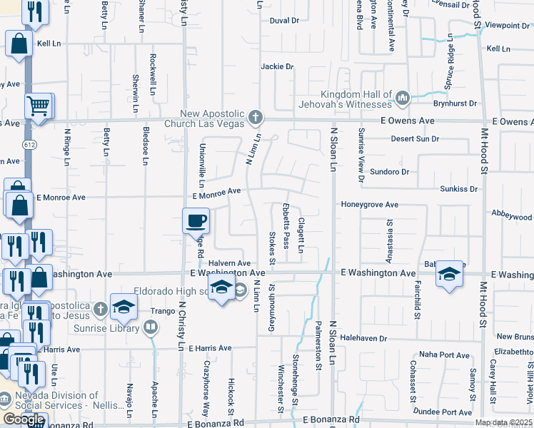 map of restaurants, bars, coffee shops, grocery stores, and more near 1345 Stokes Street in Las Vegas