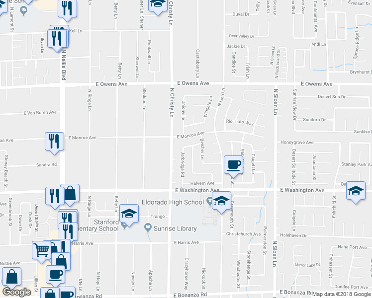 map of restaurants, bars, coffee shops, grocery stores, and more near 1340 Jarbridge Road in Las Vegas