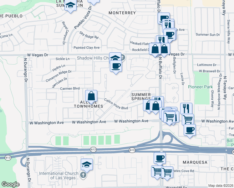 map of restaurants, bars, coffee shops, grocery stores, and more near 1104 Falconhead Lane in Las Vegas