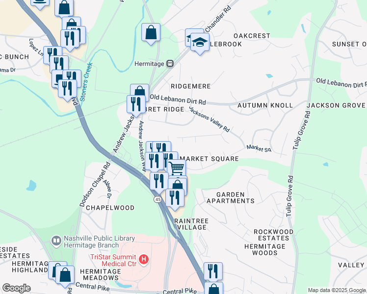 map of restaurants, bars, coffee shops, grocery stores, and more near 505 Jacksons Hill Court in Nashville