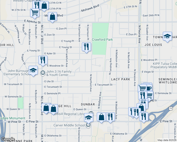 map of restaurants, bars, coffee shops, grocery stores, and more near 2107 North Garrison Place in Tulsa